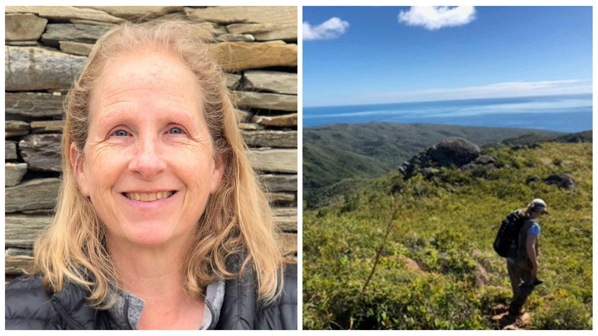 Donna Whitney - on the left a portrait and on the right side a picture of her in the field 